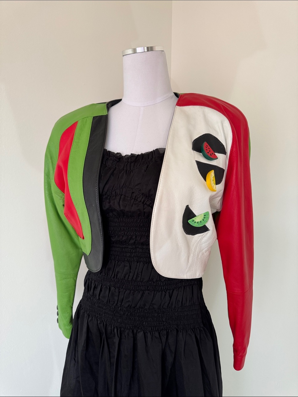 Vtg 80s Julian K Leather Fruit Cropped Jacket Shoulder Pads Colorblock Medium